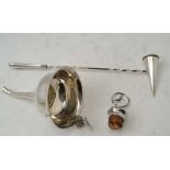 A SILVER PLATED WINE FUNNEL, a Mercedes car mascot cork stopper and a plated candle snuffer (3)