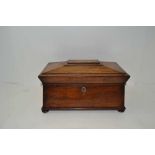 AN EARLY 19TH CENTURY ROSEWOOD TEA CADDY BOX of sarcophagus form, hinged cover, raised on bun