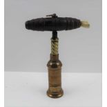 A 19TH CENTURY THOMASON TYPE BRASS BARREL CORKSCREW with turned wood handle and brush