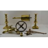 A 19TH CENTURY BRASS CLOCKWORK MEAT JACK, with bracket, a pair of 19th century brass push rod