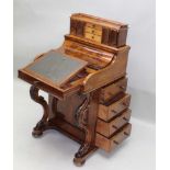A VICTORIAN QUALITY MADE BURR WALNUT FINISHED PIANO TOPPED DAVENPORT, with sprung driven upper
