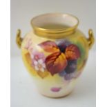 A ROYAL WORCESTER CHINA TWO-HANDLED VASE hand painted autumn fruits decoration signed by Kitty