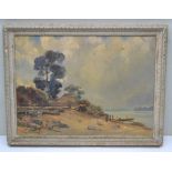 EARLY 20TH CENTURY SCHOOL 'Extensive Lake Scene' figures and a boat on the fore shore, oil