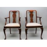 A PAIR OF LATE 20TH CENTURY REPRODUCTION QUEEN ANNE DESIGN ARMCHAIRS with solid vase slat