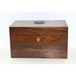 AN EARLY 19TH CENTURY ROSEWOOD TEA CADDY, twin lidded inner compartments, 28cm wide