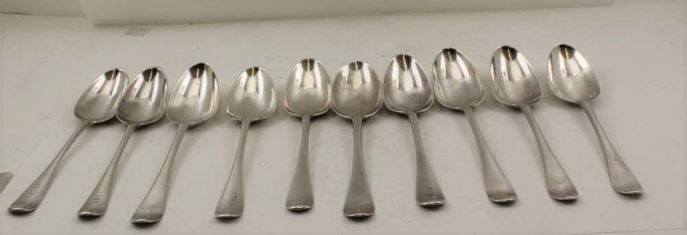 TEN MID-18TH CENTURY SILVER TABLE / SOUP SPOONS, various makers, same design, each with an