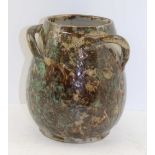 A FULHAM POTTERY HURLINGHAM WARE POTTERY VASE fitted three handles, moss glaze, 20cm high