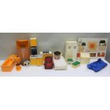 A SELECTION OF 'SINDY' DOLLS HOUSE FURNITURE, to include shower, bath, kitchen contents, bed,