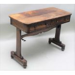 A 19TH CENTURY ROSEWOOD WRITING TABLE, having plain rectangular top, with two inline drawers and two