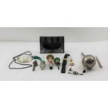 A QUANTITY OF MISCELLANEOUS ITEMS including an owl capped needle case, 9ct gold mounted porcelain