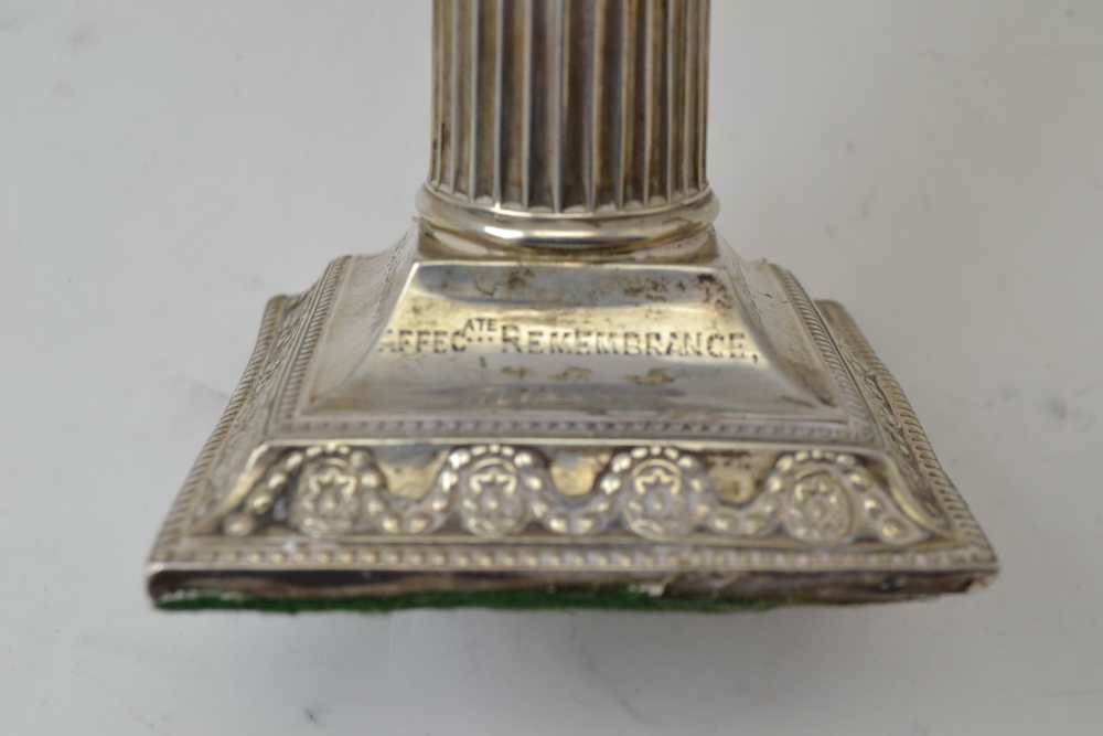 JAMES DEAKIN & SONS, A PAIR OF SILVER COLUMN CANDLESTICKS, square stepped bases, Sheffield 1902, - Image 4 of 4