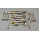 TEN FRENCH WHITE METAL OYSTER FORKS, a silver handled sardine server, five silver plated serving