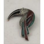 A SILVER BIRD BROOCH of Art Deco design, inset marcasite polished panels, 7cm