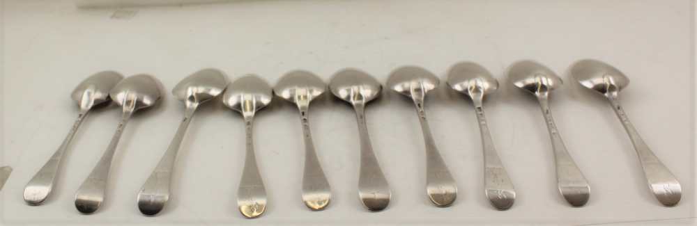 TEN MID-18TH CENTURY SILVER TABLE / SOUP SPOONS, various makers, same design, each with an - Image 2 of 3