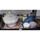 A BOX CONTAINING A SELECTION OF DOMESTIC POTTERY to include a Devon pottery gugglet fish jug,