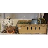 A SHELF CONTAINING A SELECTION OF DOMESTIC POTTERY & GLASSWARE together with a small lidded copper