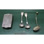 A WHITE METAL SNUFF BOX together with a white metal ladle and two plated spoons