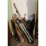 A SELECTION OF BROLLIES, SHOOTING STICKS, FOLDING OUTDOOR CHAIRS etc.