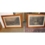 TWO BLACK & WHITE 19TH CENTURY HUNTING THEMED PRINTS in period birdseye maple frames