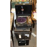 TWO BLACK FINISHED METAL DEED BOXES together with a cased Commonwealth branded wind-up GRAMOPHONE