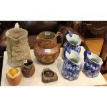 A SELECTION OF USEFUL DECORATIVE JUGS together with a Cornish serpentine ashtray