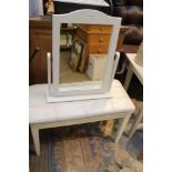 A MODERN RECTANGULAR PAD TOPPED DRESSING TABLE STOOL, together with a white framed adjustable