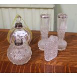 A PAIR OF SILVER COLLARED SPILL VASES together with two bomb shaped glass scent bottles with