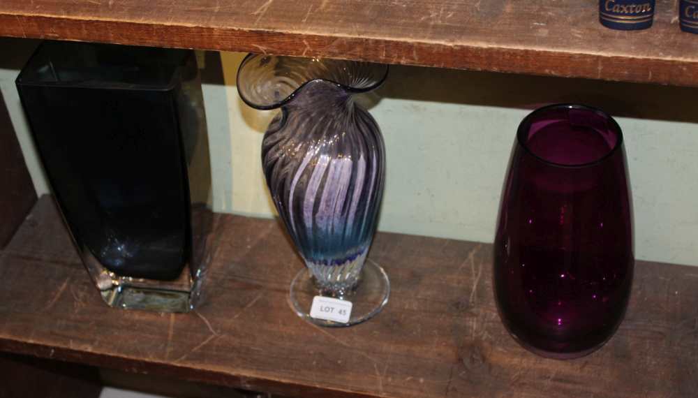 A GIBRALTAR CRYSTAL GLASS of baluster fluted form, together with a plum glass 'RAVENSHEAD' VASE