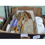 A BOX CONTAINING A SELECTION OF PART TEA & COFFEE SERVICES together with a box of paint brushes,