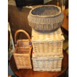FOUR VARIOUS USEFUL WOVEN BASKETS some picnic baskets with part contents