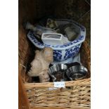 A WOVEN WICKER PICNIC HAMPER CONTAINING A SELECTION OF DOMESTIC COLLECTABLES VARIOUS