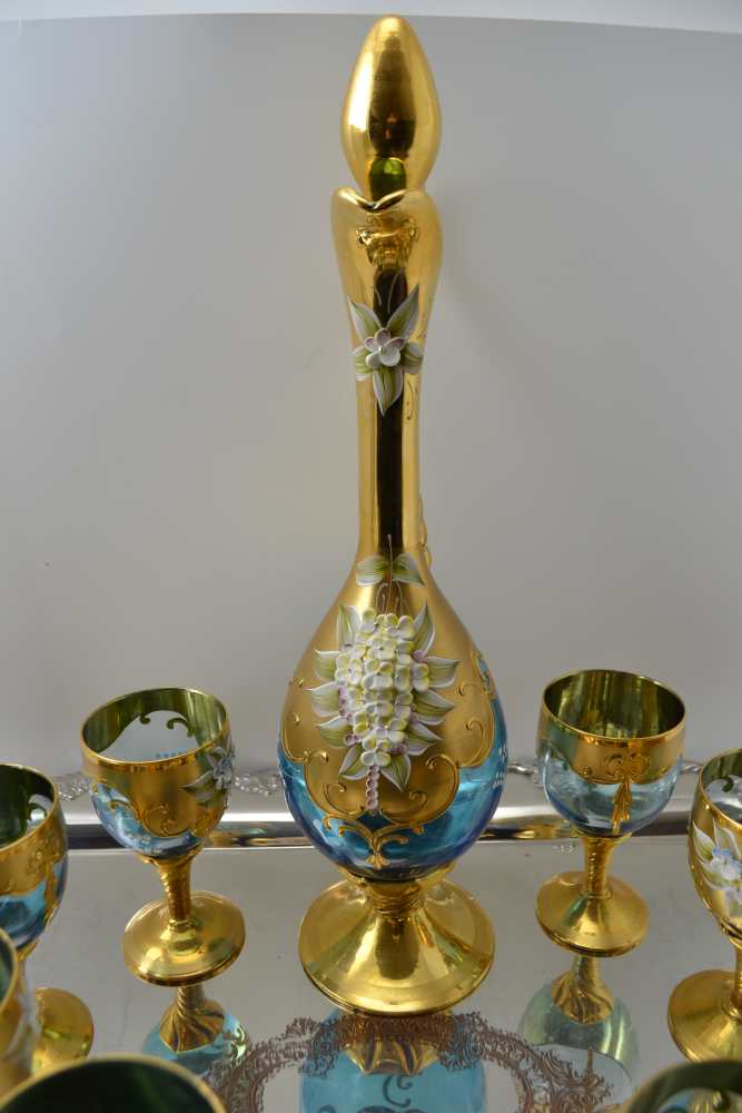 A 20TH CENTURY BOHEMIAN GLASS WINE DECANTER AND A SET OF EIGHT STEMMED GLASSES, blue tinted, heavily - Image 2 of 6