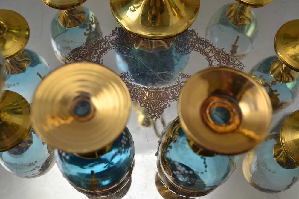 A 20TH CENTURY BOHEMIAN GLASS WINE DECANTER AND A SET OF EIGHT STEMMED GLASSES, blue tinted, heavily - Image 6 of 6