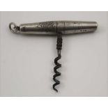 A VICTORIAN SILVER CASED TRAVELLING CORKSCREW, double worm steel screw, with attachment ring, 7.5cm,