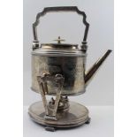ELKINGTON & CO. SILVER PLATED TEA KETTLE ON STAND, the oval pot with swing handle, side hinged