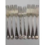 WILLIAM ELEY & WILLIAM FEARN, A SET OF SIX SILVER OLD ENGLISH PATTERN DINNER FORKS, London 1800, to