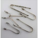 FIVE PAIRS OF SILVER SUGAR TONGS, various types and hallmarks, including four bows and one sprung