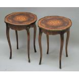 A PAIR OF 20TH CENTURY REPRODUCTION FRENCH DESIGN CIRCULAR TOPPED SIDE TABLES, with inlaid floral