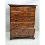 A 19TH CENTURY MAHOGANY FINISHED CHEST ON STAND having shaped pediment over two inline drawers and