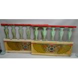 TWO HAND PAINTED C.1930s WOODEN FAIRGROUND RIDE BALUSTRADES having rail top over baluster vase