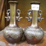 A PAIR OF SMALL SIZED JAPANESE MEIJI BRONZE SPILL VASES, having twin Dragon handles over a rim of