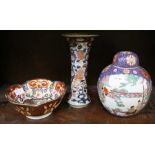 THREE PIECES OF HAND PAINTED ORIENTAL POTTERY, one vase, one ginger jar & one lotus shaped bowl
