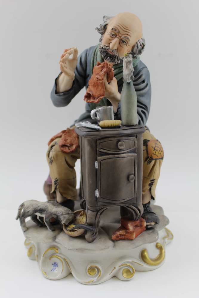 TWO CAPO-DI-MONTE PORCELAIN FIGURES, a cobbler at work and one modelled by Guidolin of an elderly - Image 4 of 7