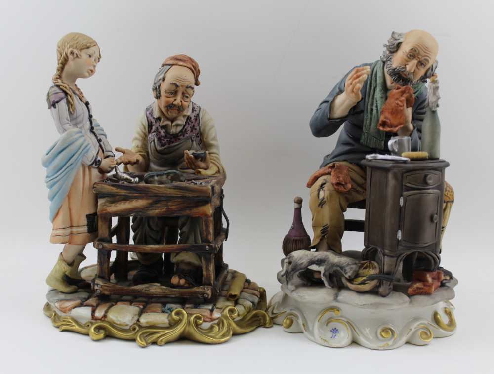 TWO CAPO-DI-MONTE PORCELAIN FIGURES, a cobbler at work and one modelled by Guidolin of an elderly