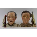 A PAIR OF ROYAL DOULTON 'CARRY ON' POTTERY CHARACTER JUGS, depicting Sid James and Charles Hawtrey