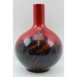 A ROYAL DOULTON FLAMBE VEINED VASE OF GLOBULAR FORM, with narrow bottle neck, printed factory