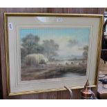 A 20TH CENTURY PASTEL STUDY OF HAY MAKING indistinctly signed, in decorative mount and slender