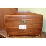 A 19TH CENTURY ROSEWOOD SARCOPHAGUS SHAPED TEA CADDY with twin interior compartments & brass