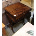 A 19TH CENTURY MAHOGANY & ROSEWOOD WORK TABLE with lift-up lid revealing compartmentalised interior,