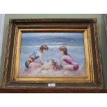 A MODERN OIL ON CANVAS STUDY OF TWO YOUNG GIRLS ON THE BEACH in a Brights of Nettlebed labelled, old